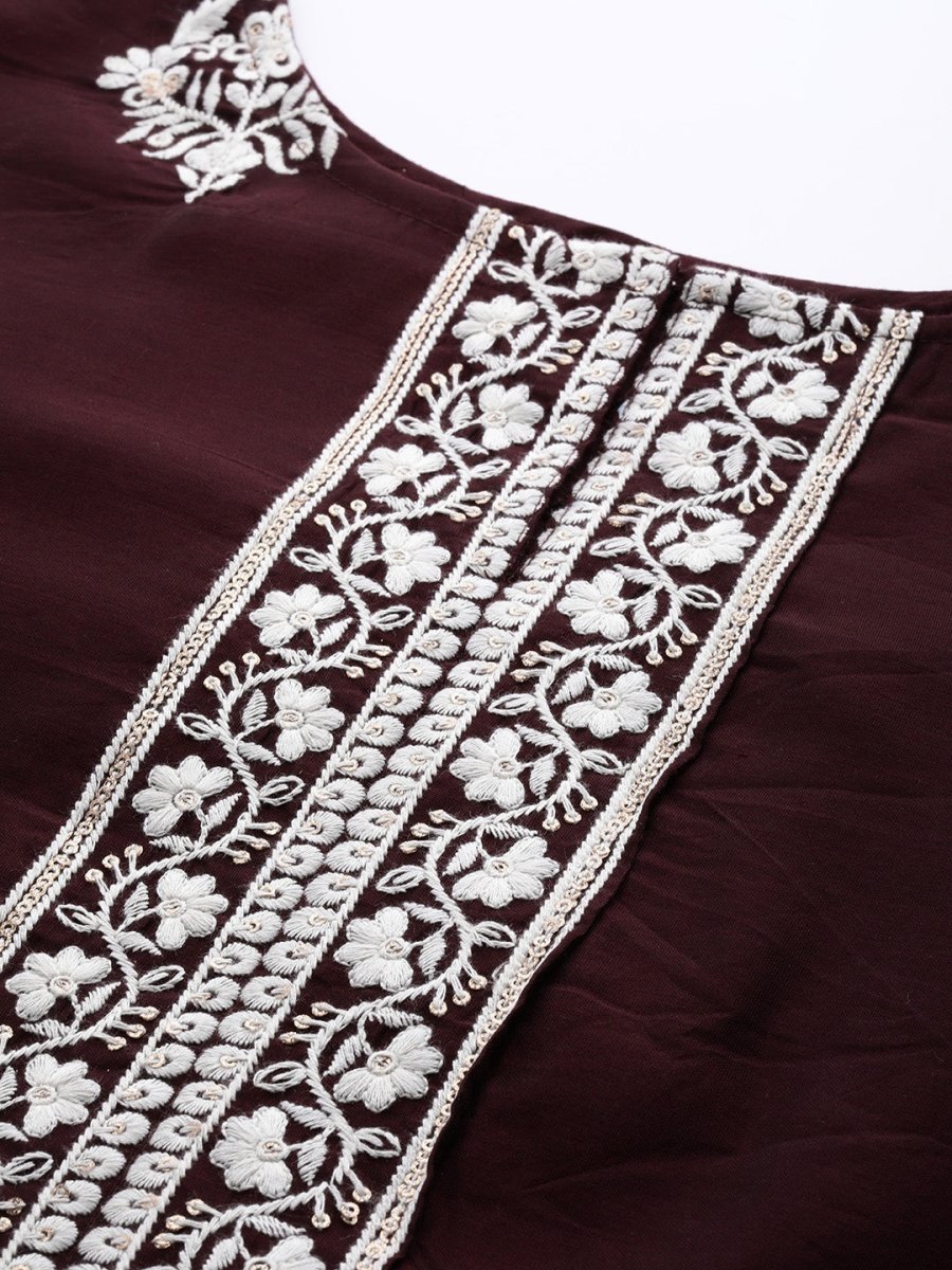 Plus Size Burgundy & White Embroidered Straight Kurta with Trousers Dupatta - Inddus.com