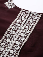 Plus Size Burgundy & White Embroidered Straight Kurta with Trousers Dupatta - Inddus.com