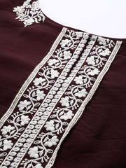 Plus Size Burgundy & White Embroidered Straight Kurta with Trousers Dupatta - Inddus.com