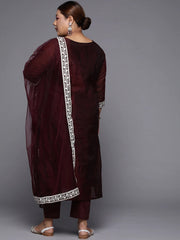 Plus Size Burgundy & White Embroidered Straight Kurta with Trousers Dupatta - Inddus.com