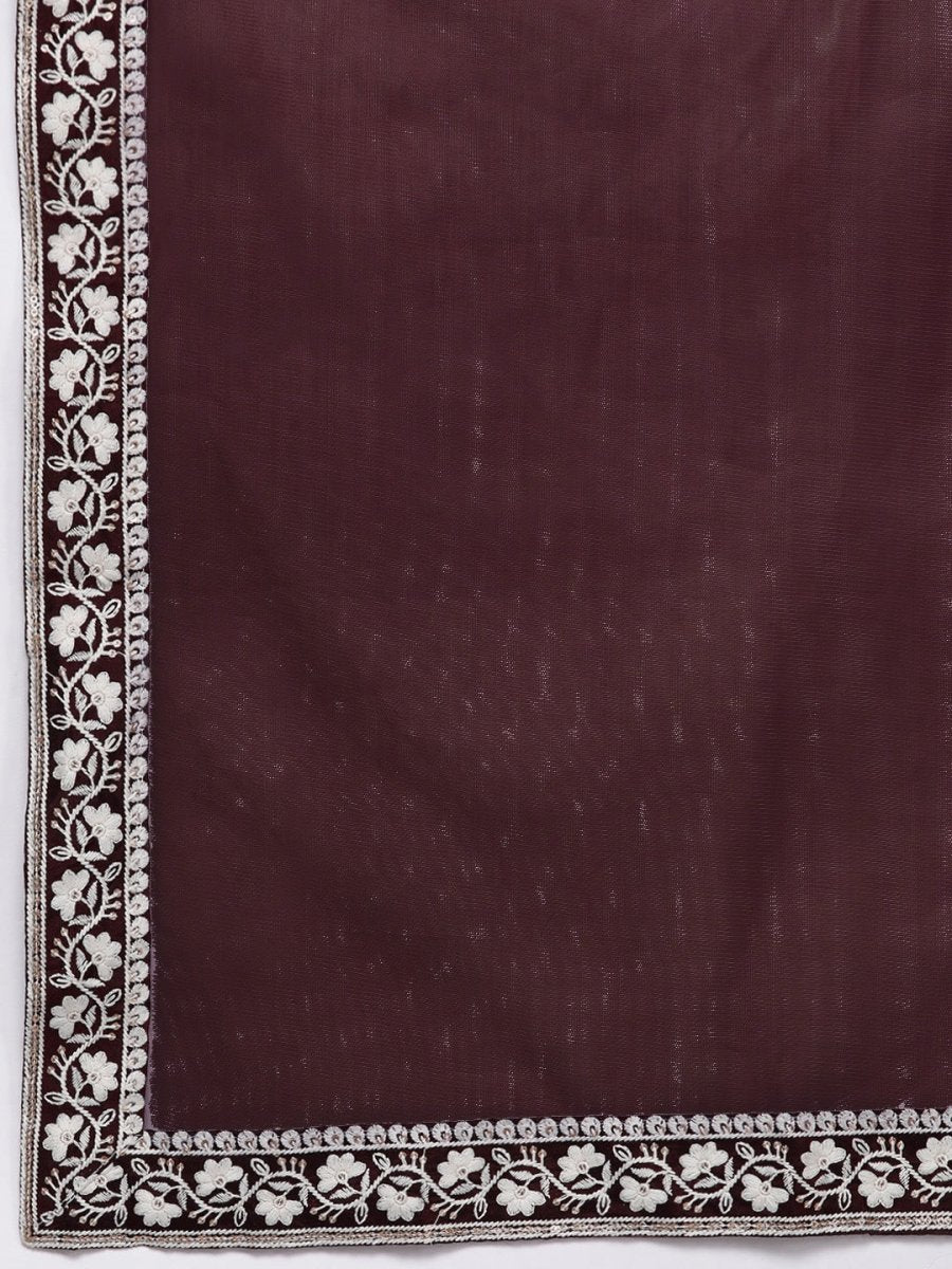 Plus Size Burgundy & White Embroidered Straight Kurta with Trousers Dupatta - Inddus.com