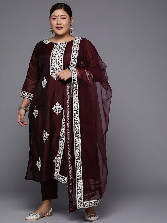 Plus Size Burgundy & White Embroidered Straight Kurta with Trousers Dupatta - Inddus.com
