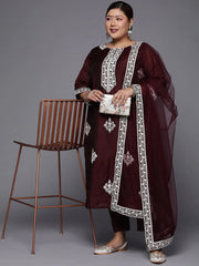 Plus Size Burgundy & White Embroidered Straight Kurta with Trousers Dupatta - Inddus.com