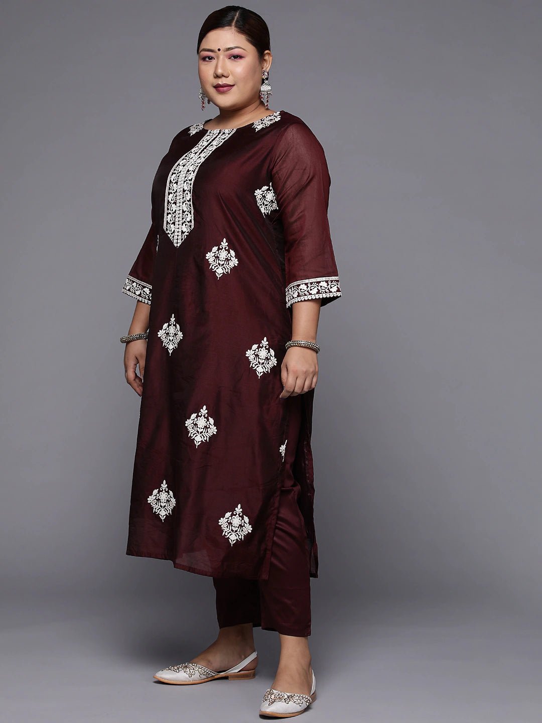 Plus Size Burgundy & White Embroidered Straight Kurta with Trousers Dupatta - Inddus.com