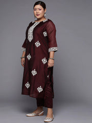 Plus Size Burgundy & White Embroidered Straight Kurta with Trousers Dupatta - Inddus.com