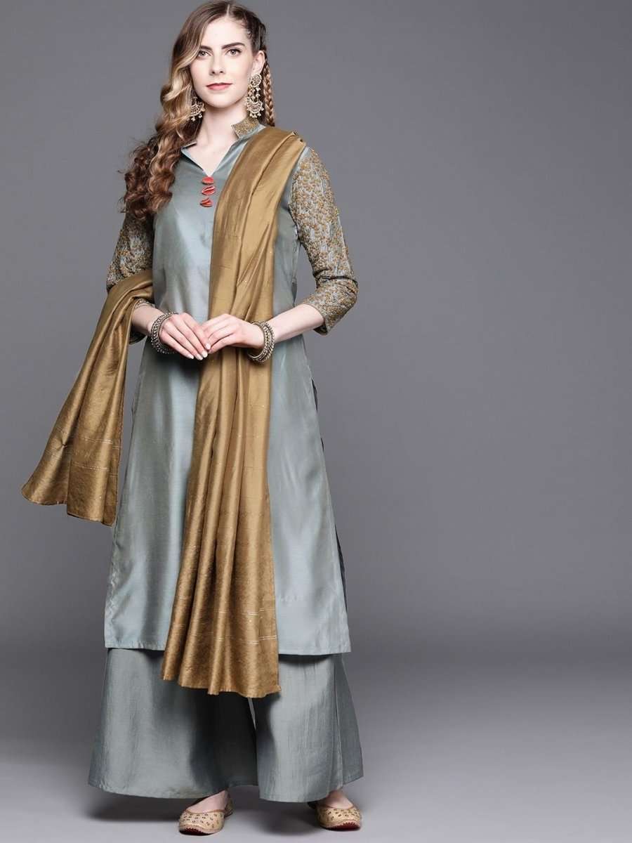 Powder Blue Embroidered Kurta with Palazzo and Dupatta - Inddus.com