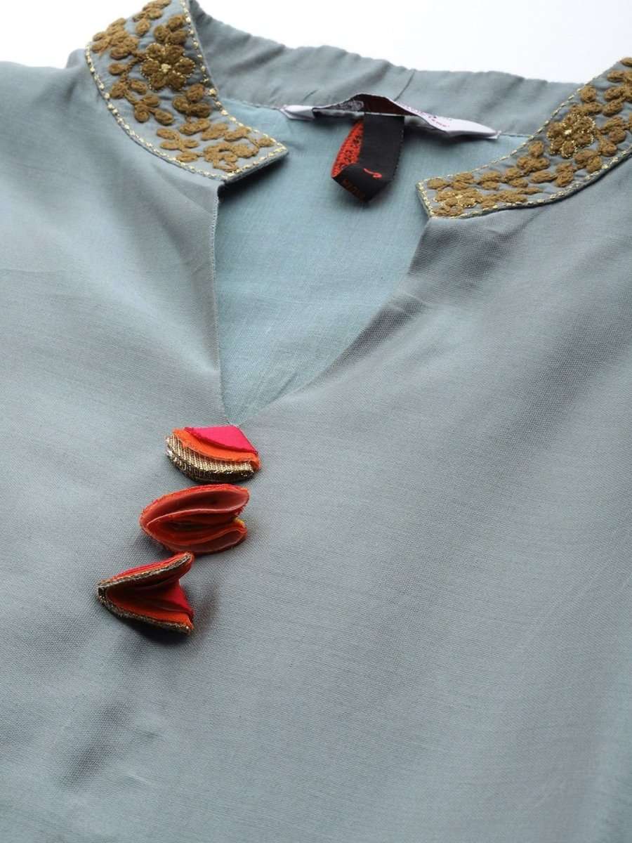 Powder Blue Embroidered Kurta with Palazzo and Dupatta - Inddus.com