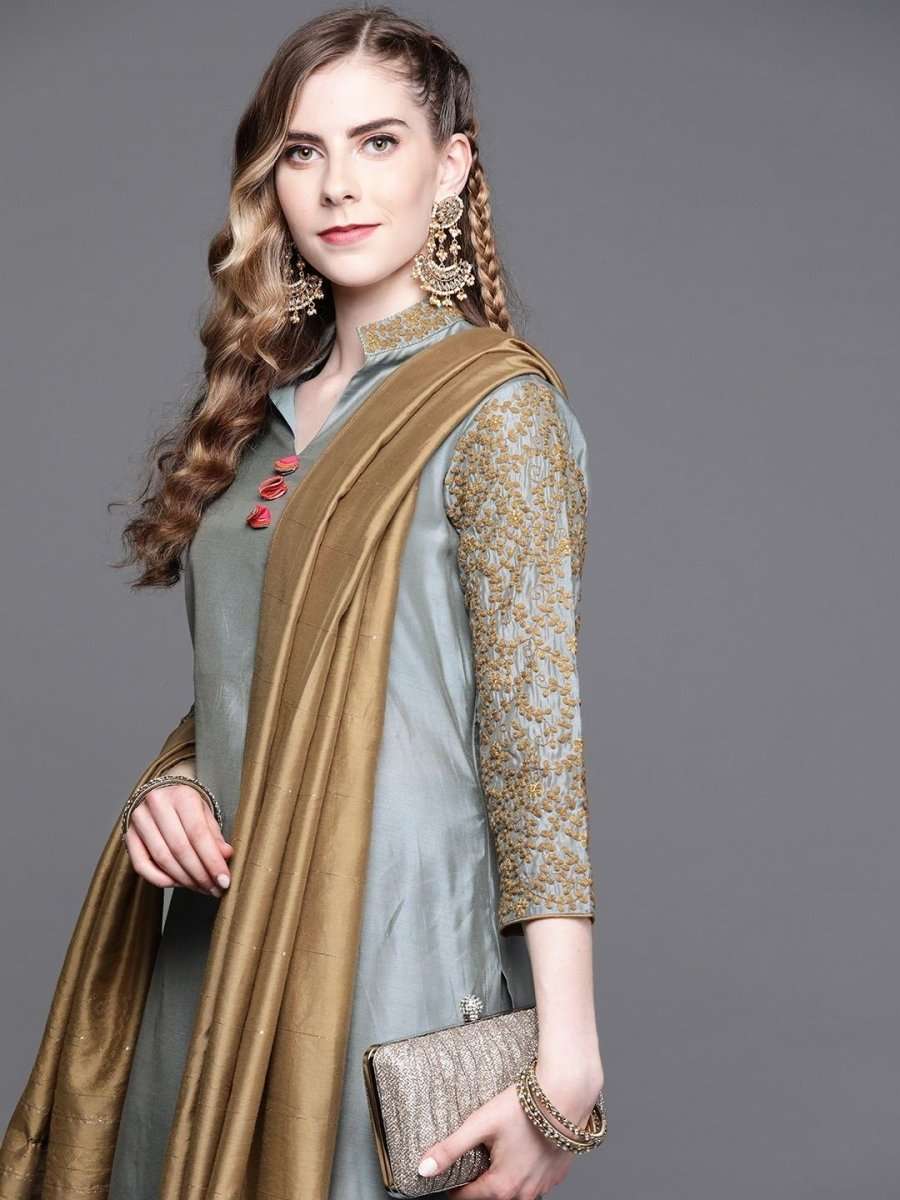 Powder Blue Embroidered Kurta with Palazzo and Dupatta - Inddus.com