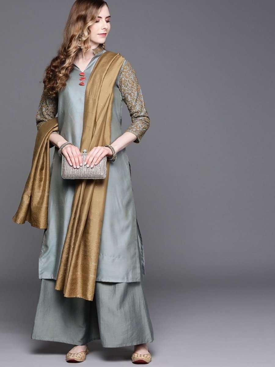 Powder Blue Embroidered Kurta with Palazzo and Dupatta - Inddus.com