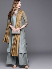 Powder Blue Embroidered Kurta with Palazzo and Dupatta - Inddus.com