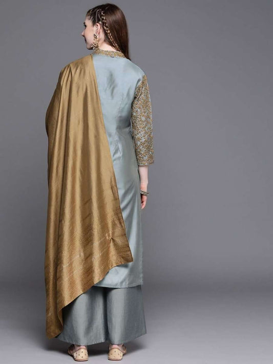Powder Blue Embroidered Kurta with Palazzo and Dupatta - Inddus.com