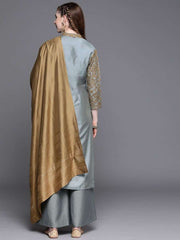 Powder Blue Embroidered Kurta with Palazzo and Dupatta - Inddus.com
