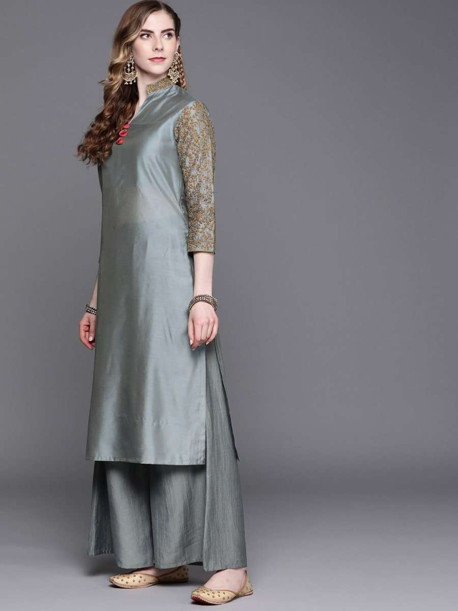 Powder Blue Embroidered Kurta with Palazzo and Dupatta - Inddus.com