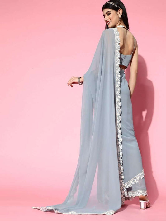 Powder Bule Georgette Saree with Blouse Piece - Inddus.com