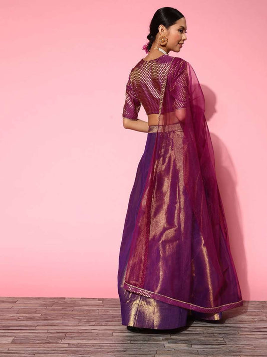 Pretty Purple Woven Design Semi-stitched Lehenga Choli With Dupatta - Inddus.com