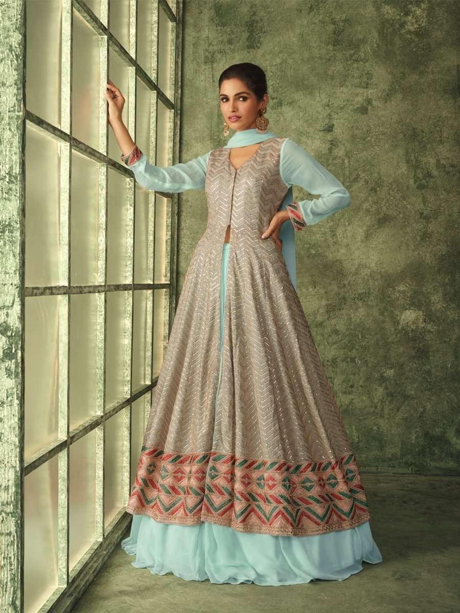 Buy Inddus Pretty Sea Green Net Festive-Wear Embroidered Lehenga