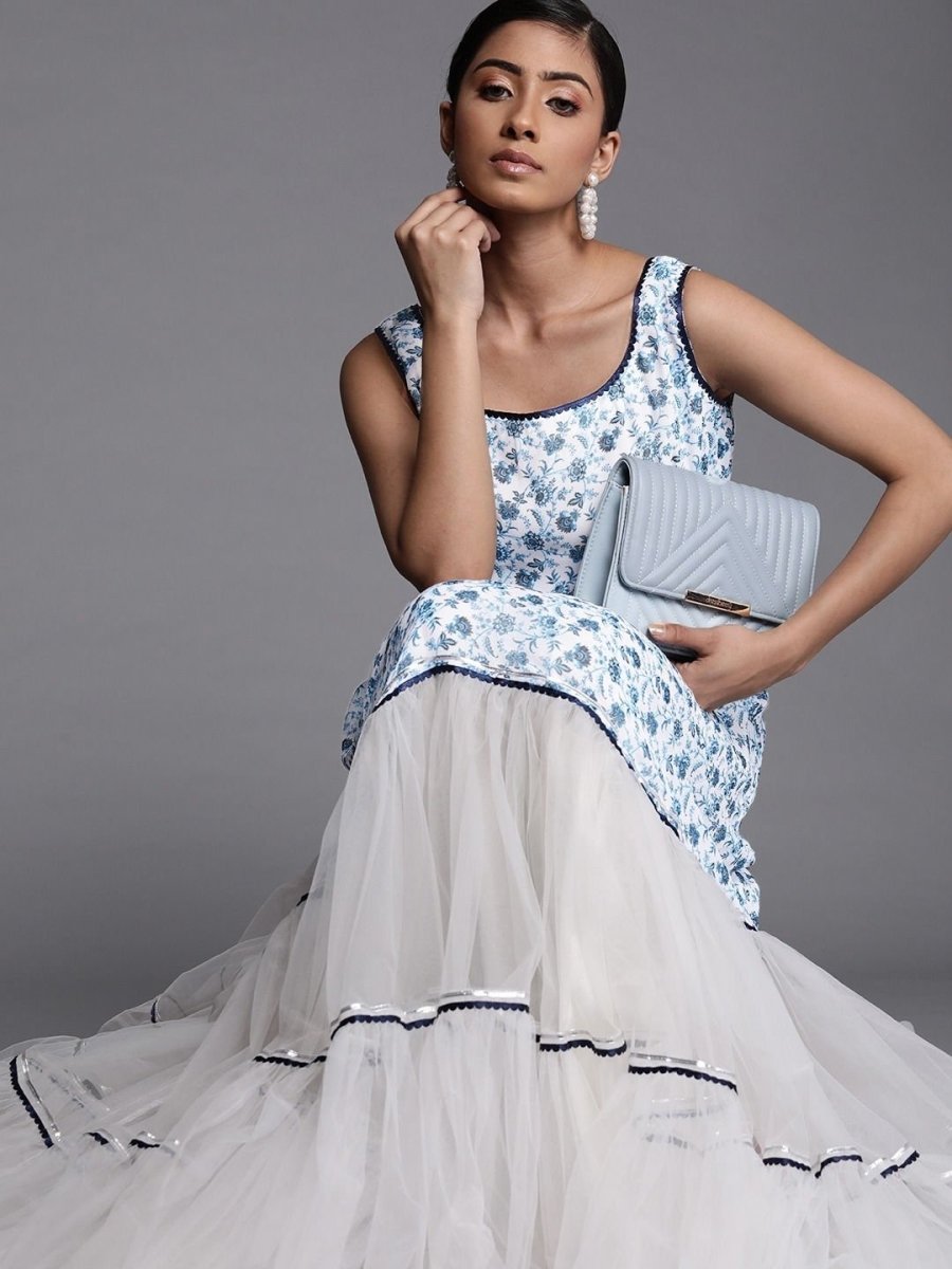 Printed Blue Georgette and Net Partywear Gown Dress - inddus-us