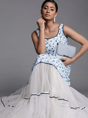 Printed Blue Georgette and Net Partywear Gown Dress - inddus-us