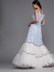 Printed Blue Georgette and Net Partywear Gown Dress - inddus-us