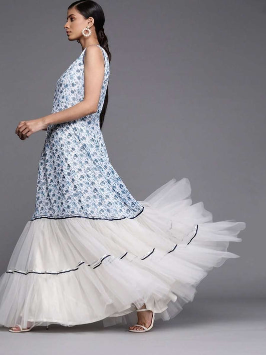 Printed Blue Georgette and Net Partywear Gown Dress - inddus-us