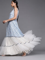 Printed Blue Georgette and Net Partywear Gown Dress - inddus-us