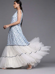 Printed Blue Georgette and Net Partywear Gown Dress - inddus-us