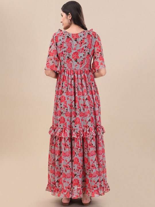 Printed Georgette Maxi Fit And Flare Dress - Inddus.com
