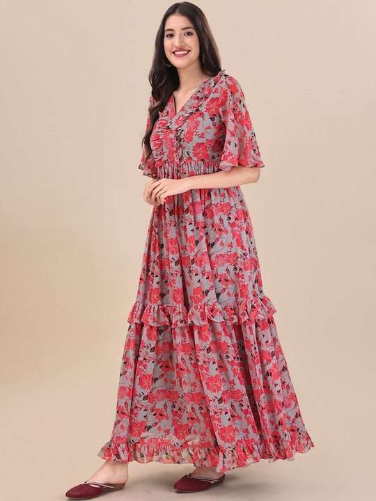 Printed Georgette Maxi Fit And Flare Dress - Inddus.com
