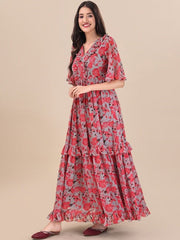 Printed Georgette Maxi Fit And Flare Dress - Inddus.com