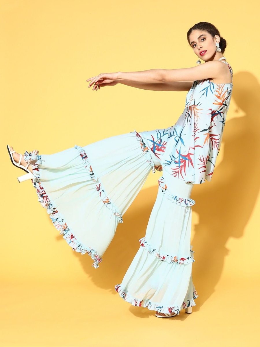 pristine blue satin printed kurta set