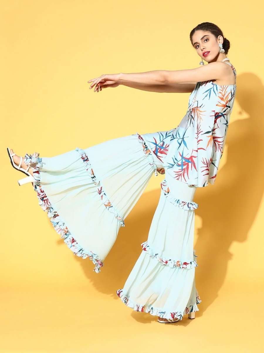 pristine blue satin printed kurta set