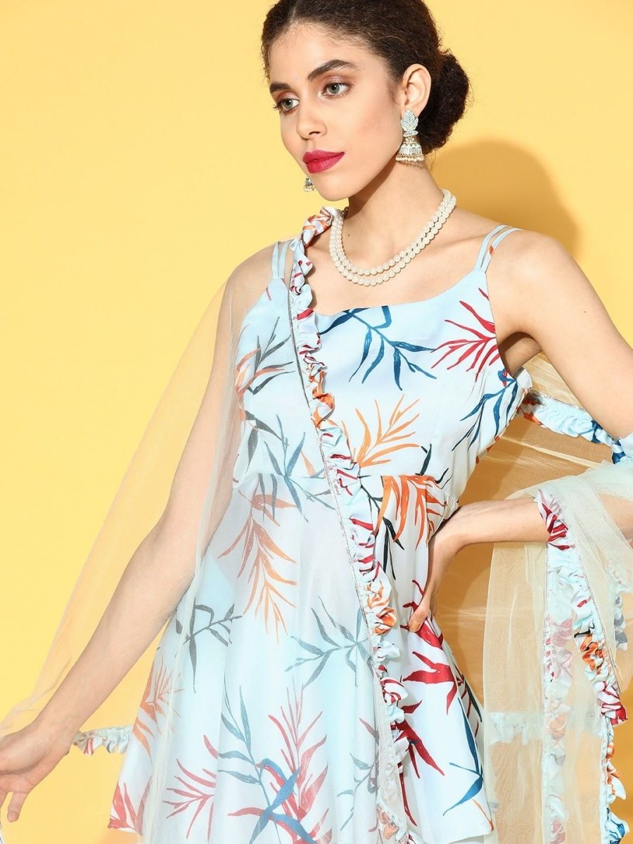 pristine blue satin printed kurta set