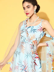 pristine blue satin printed kurta set