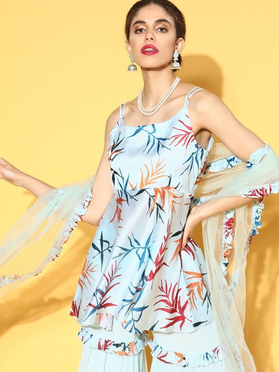 pristine blue satin printed kurta set