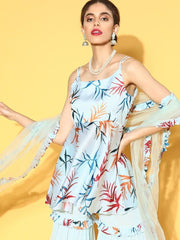 pristine blue satin printed kurta set