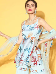 pristine blue satin printed kurta set