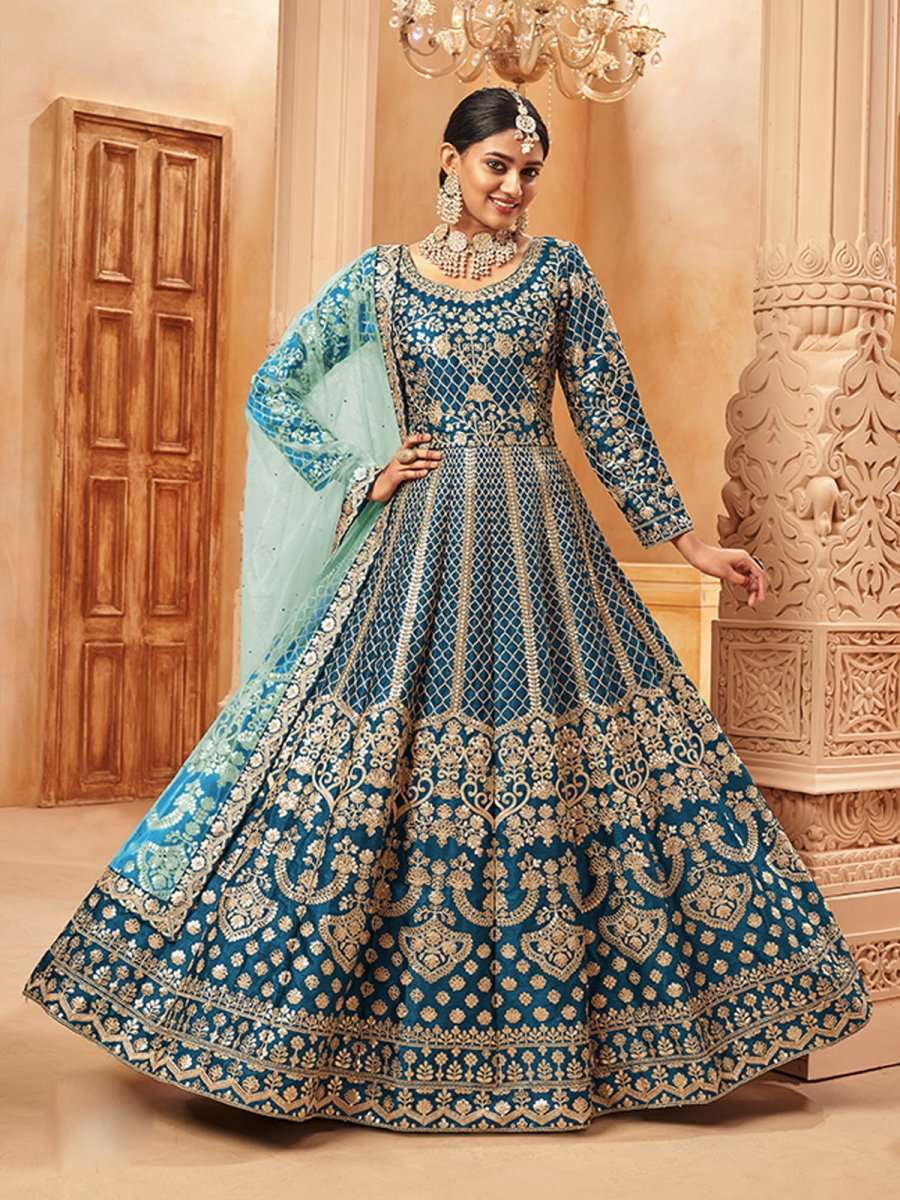 Pristine Teal Blue Art Silk Festive Gown - Inddus.com