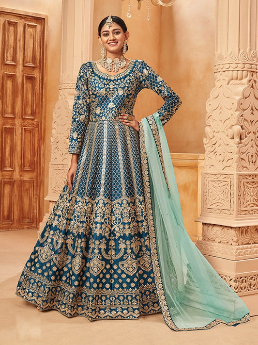 Pristine Teal Blue Art Silk Festive Gown - Inddus.com