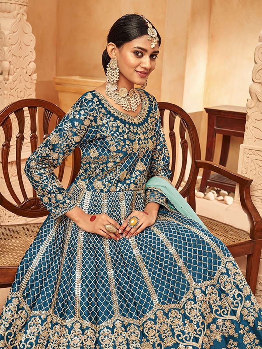 Pristine Teal Blue Art Silk Festive Gown - Inddus.com