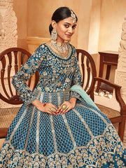 Pristine Teal Blue Art Silk Festive Gown - Inddus.com