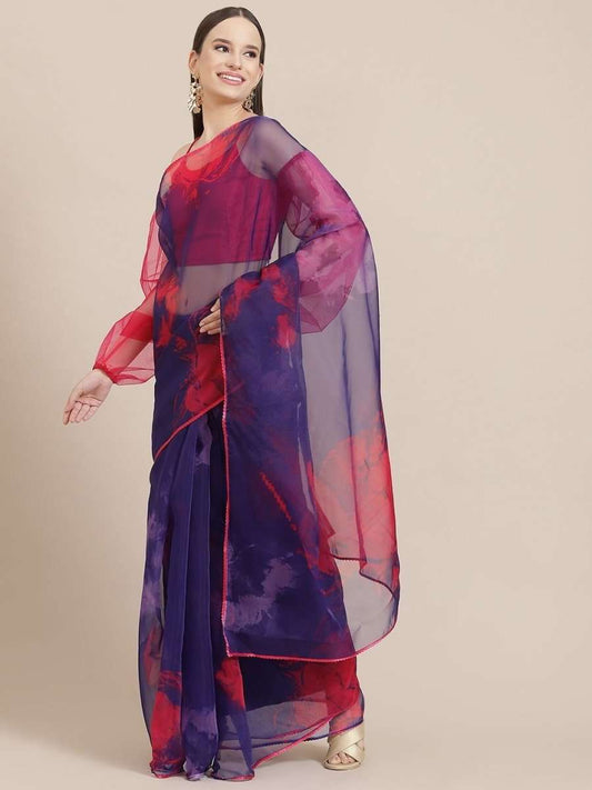 Purple and Pink Floral Digital Print Saree - Inddus.com