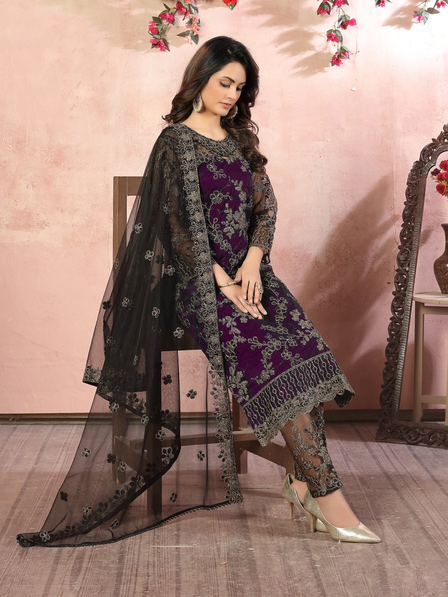 Purple Embroidered Festive Wear Straight Cut Suit - Inddus.com