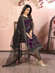 Purple Embroidered Festive Wear Straight Cut Suit - Inddus.com