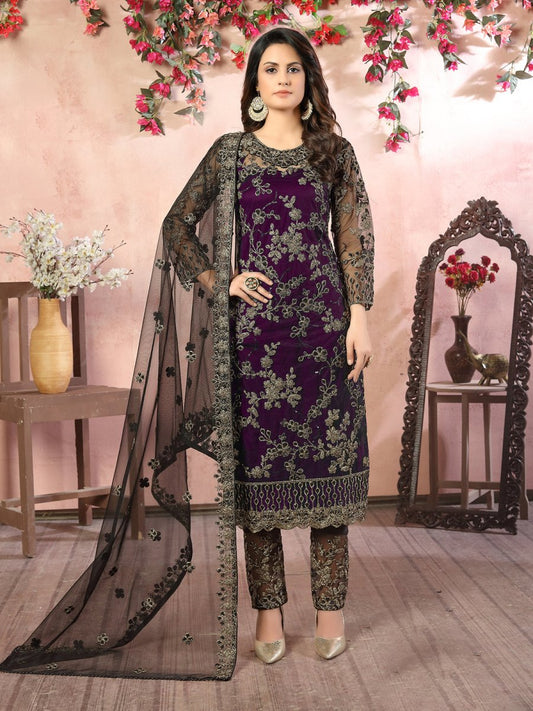 Purple Embroidered Festive Wear Straight Cut Suit - Inddus.com
