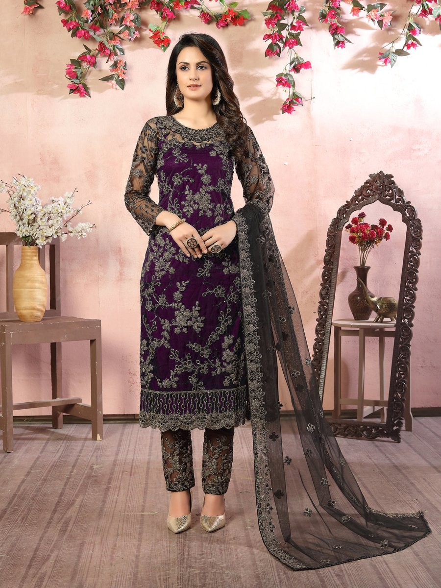 Purple Embroidered Festive Wear Straight Cut Suit - Inddus.com