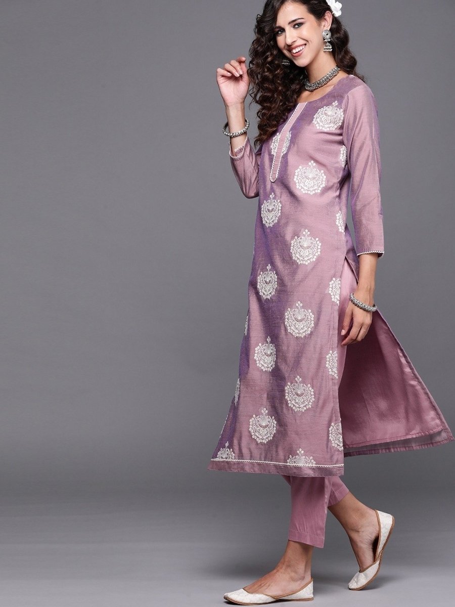 Purple Embroidered Kurta with Trouser and Dupatta - Inddus.com