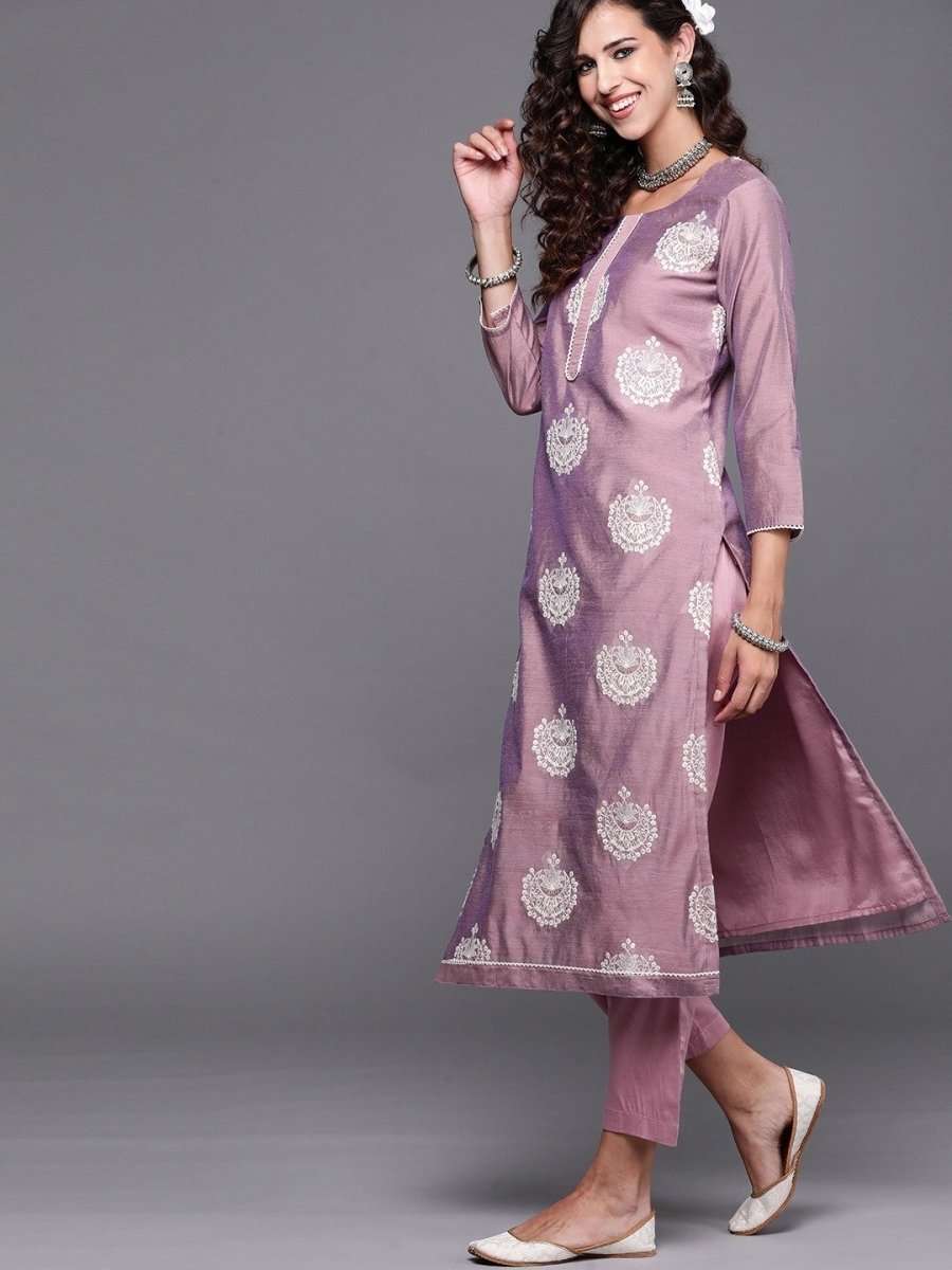 Purple Embroidered Kurta with Trouser and Dupatta - Inddus.com