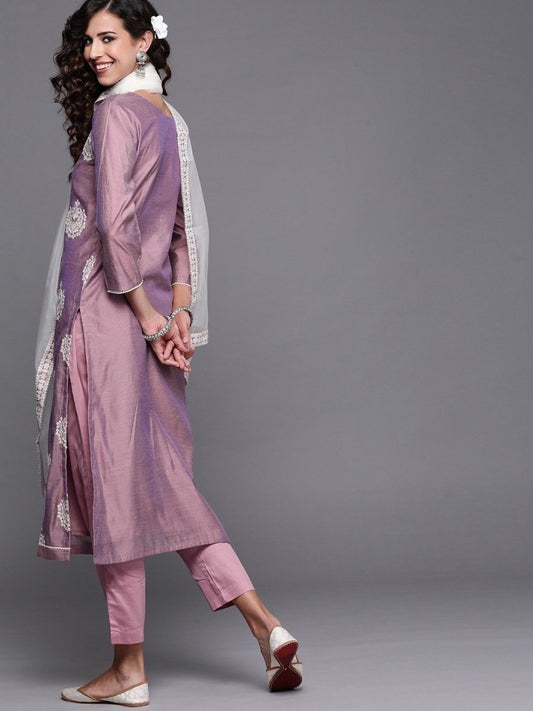 Purple Embroidered Kurta with Trouser and Dupatta - Inddus.com