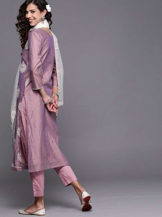 Purple Embroidered Kurta with Trouser and Dupatta - Inddus.com