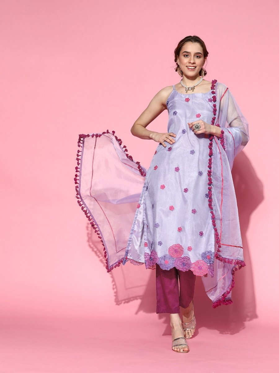 Purple Embroidered Organza Kurta with Pants and Dupatta - Inddus.com